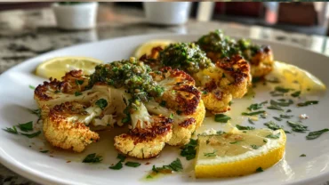 Close-up of golden roasted cauliflower steaks topped with vibrant lemon salsa verde made of parsley, capers, and olive oil, served on a white plate with lemon wedges and fresh herbs in a bright home kitchen.