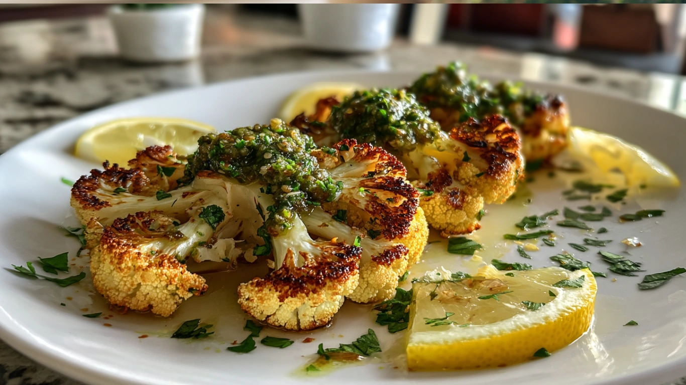 Cauliflower Steaks with Lemon Salsa Verde: A Bright, Flavorful Plant-Powered Dinner 1 Close-up of golden roasted cauliflower steaks topped with vibrant lemon salsa verde made of parsley, capers, and olive oil, served on a white plate with lemon wedges and fresh herbs in a bright home kitchen.