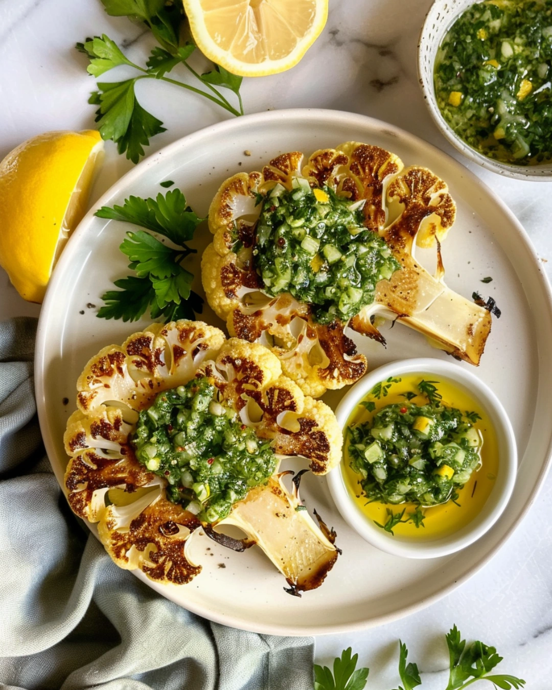 Overhead view of two cauliflower steaks on a marble countertop, drizzled with lemon salsa verde, surrounded by parsley, olive oil, and lemon halves in natural sunlight.