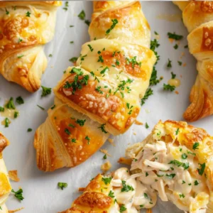 Top-down view of golden Cheesy Chicken Crescent Rolls brushed with butter and parsley.