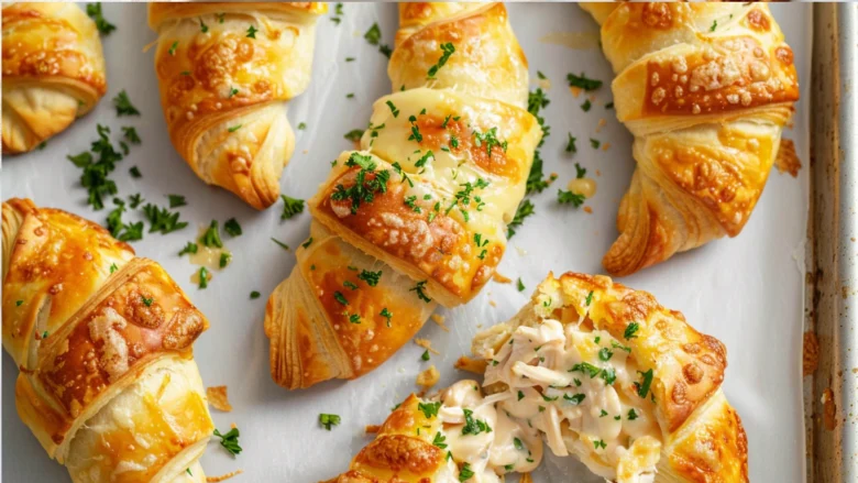 Top-down view of golden Cheesy Chicken Crescent Rolls brushed with butter and parsley.