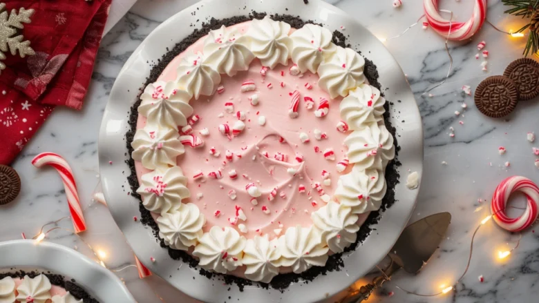 Top-down view of Christmas Peppermint Pie topped with whipped cream and crushed candy canes.