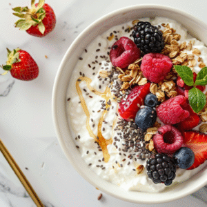 Cottage Cheese Fruit Bowl with berries, granola, and honey