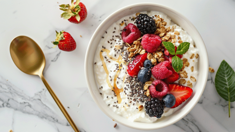 Cottage Cheese Fruit Bowl with berries, granola, and honey