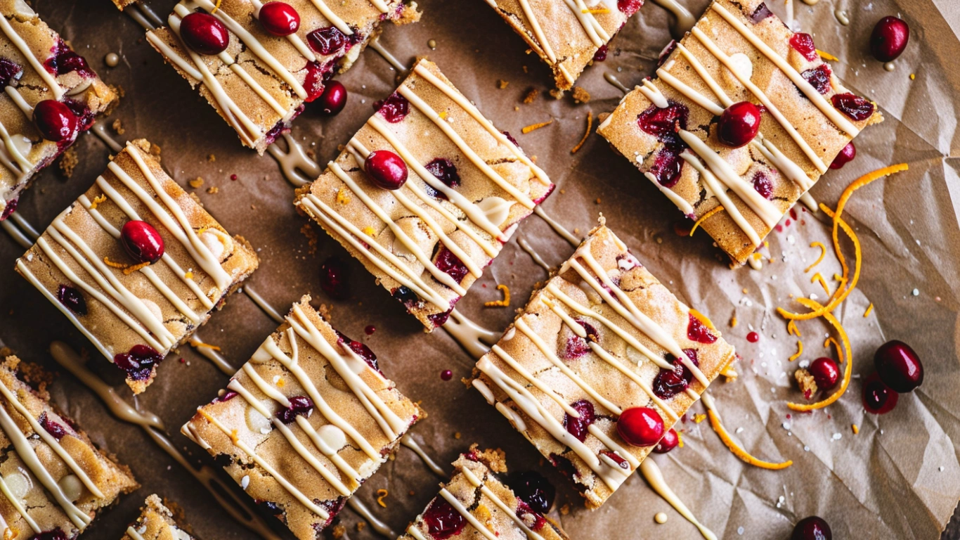 Cranberry White Chocolate Blondies-(Festive & Chewy!) 3 Top-down view of Cranberry White Chocolate Blondies drizzled with melted white chocolate and orange zest.