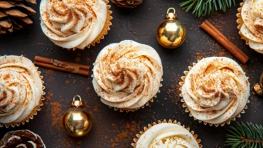Top-down view of Eggnog Sugar Cookie Cups topped with whipped cream and cinnamon.