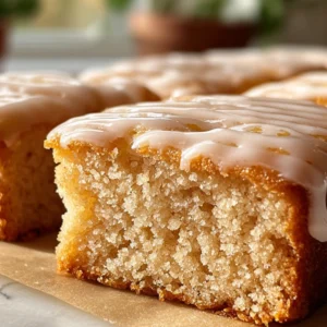 Close-up of maple donut bars topped with a shiny maple glaze, arranged on a cooling rack in a bright kitchen, with a drizzle of icing and a jar of maple syrup in the background.