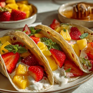 Close-up of fruit tacos filled with strawberries, kiwi, mango, and pineapple in small flour tortillas, topped with honey-lime yogurt drizzle and mint leaves, on a bright marble surface in a sunlit kitchen.