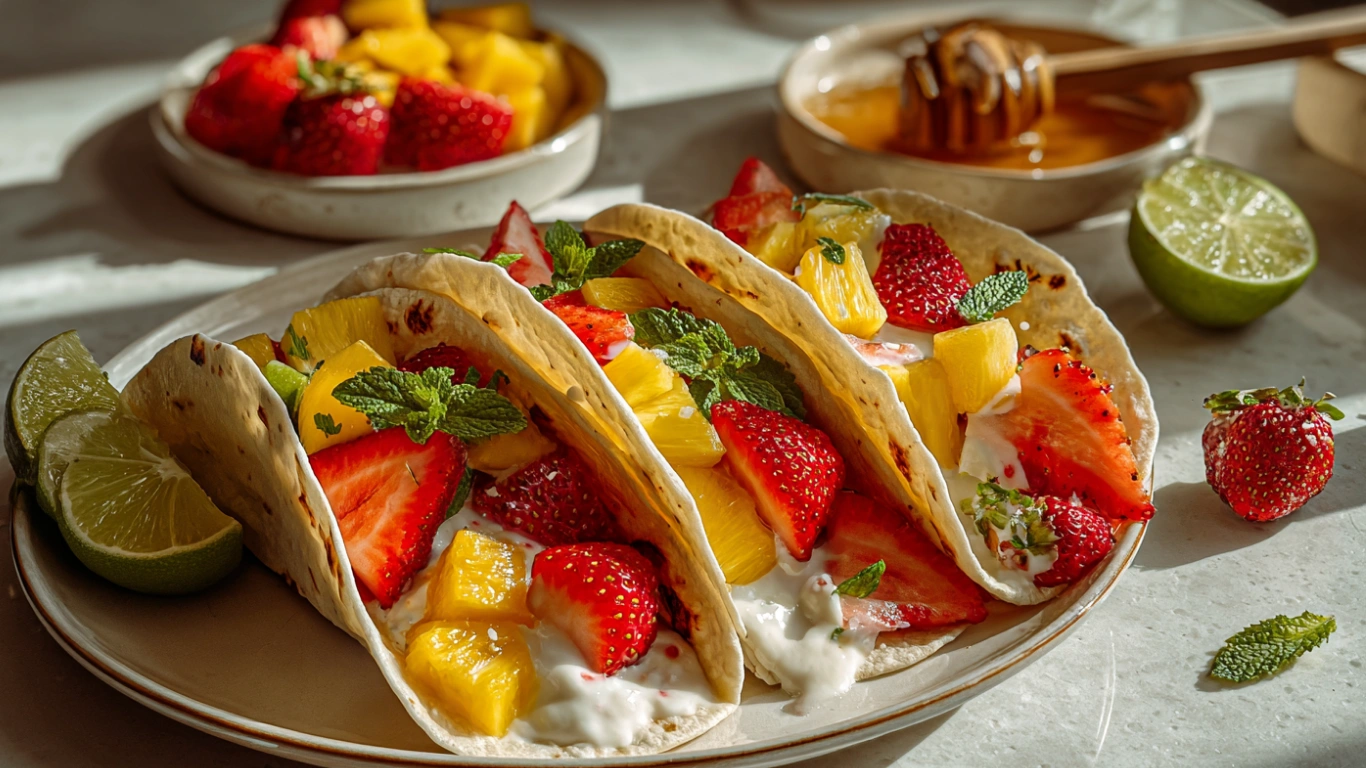 Fruit Tacos: Colorful, Fresh & Naturally Sweet 1 Close-up of fruit tacos filled with strawberries, kiwi, mango, and pineapple in small flour tortillas, topped with honey-lime yogurt drizzle and mint leaves, on a bright marble surface in a sunlit kitchen.