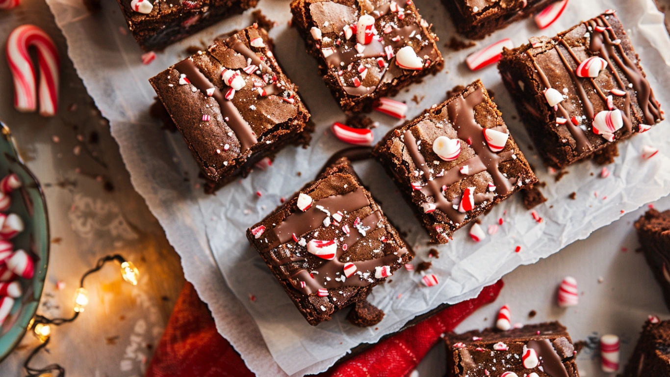 Fudgy Peppermint Brownies -Festive & Easy! 3 Close-up of Fudgy Peppermint Brownies topped with crushed candy canes and white chocolate drizzle on parchment paper.