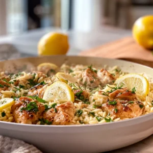Close-up of garlic butter lemon chicken orzo in a white skillet, with golden chicken pieces, creamy orzo, and lemon slices on top, garnished with fresh parsley and cracked black pepper, under warm natural daylight.