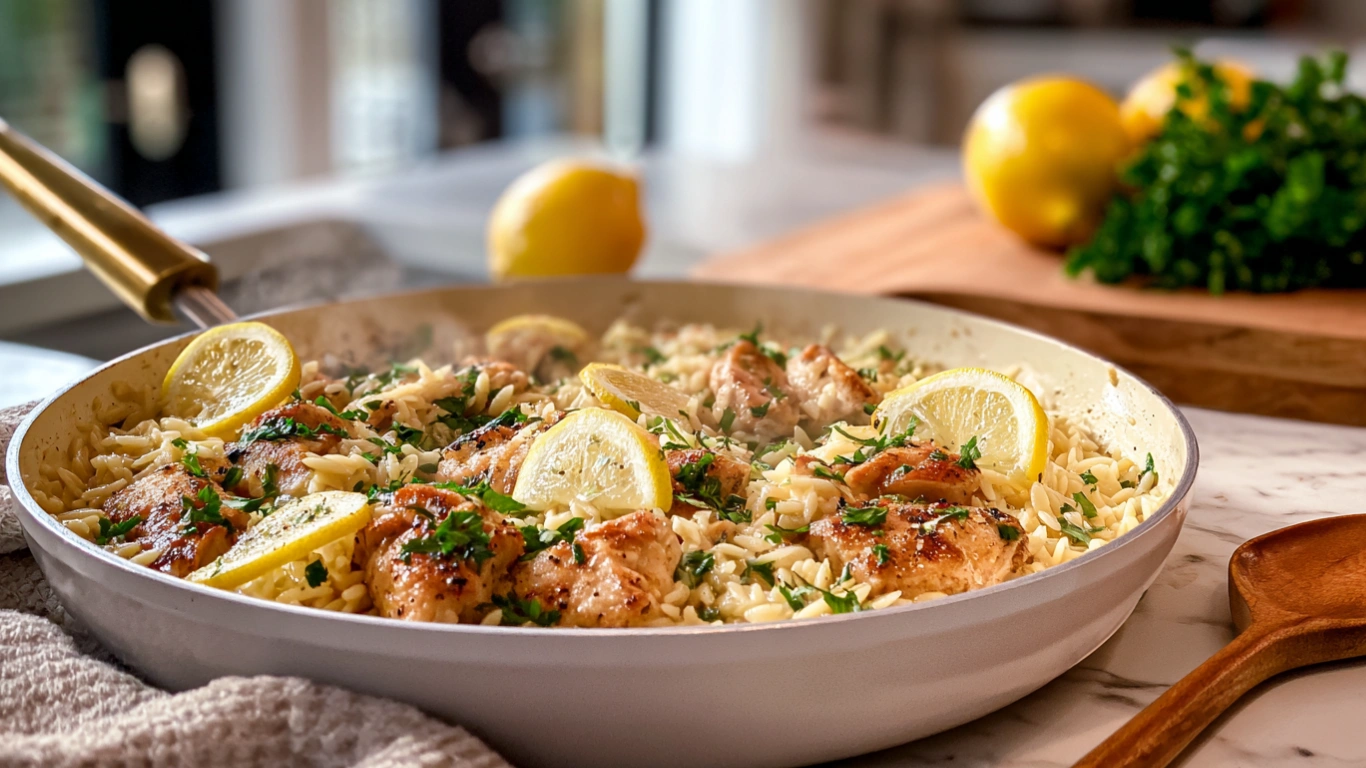 Garlic Butter Lemon Chicken Orzo: One-Pan Comfort at Its Best 1 Close-up of garlic butter lemon chicken orzo in a white skillet, with golden chicken pieces, creamy orzo, and lemon slices on top, garnished with fresh parsley and cracked black pepper, under warm natural daylight.
