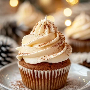 Close-up of a frosted Gingerbread Cupcake on a white plate, dusted with cinnamon and surrounded by festive holiday decor.