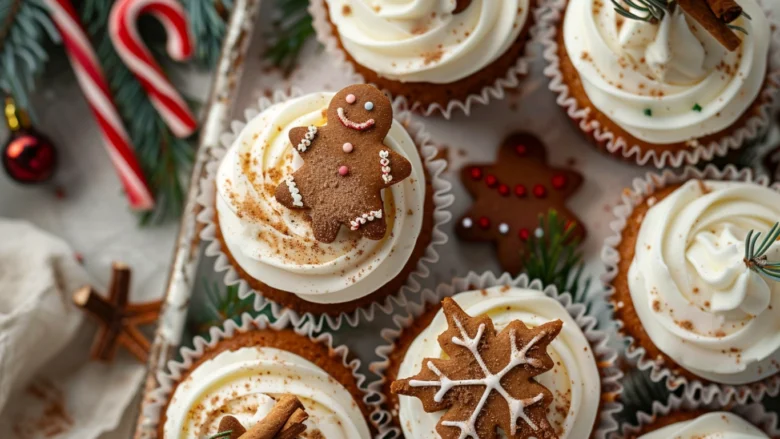 Gingerbread Cupcakes topped with cream cheese frosting and cinnamon, styled with pinecones and twinkle lights in a cozy kitchen setting.