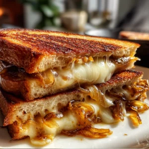 Close-up of grilled cheese patty melts stacked on a white plate, showing melty Swiss cheese, caramelized onions, and juicy beef between crispy buttered rye bread, with a skillet and melted cheese strings in the background.