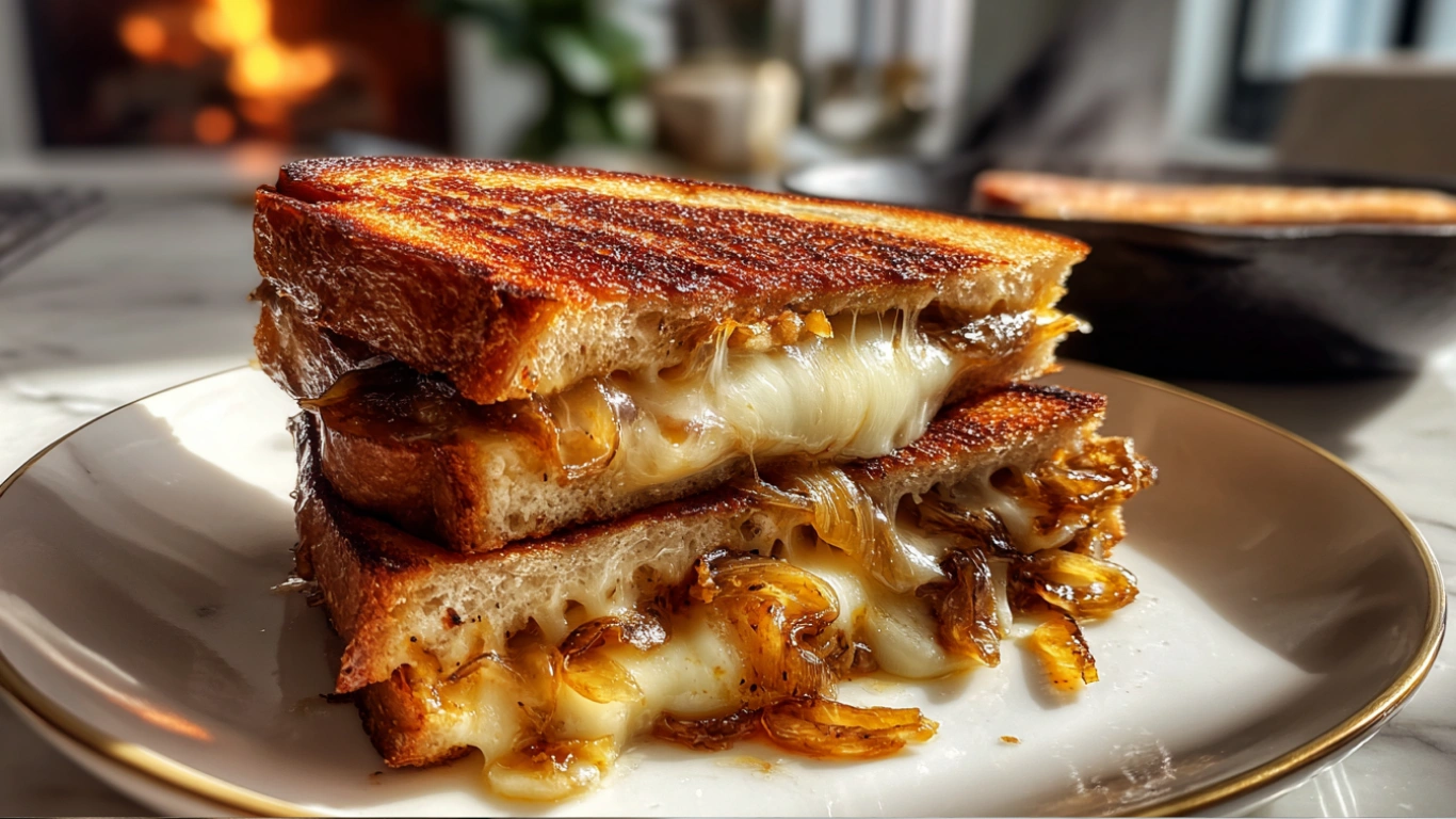 Grilled Cheese Patty Melts – Golden, Gooey & Irresistibly Cheesy 1 Close-up of grilled cheese patty melts stacked on a white plate, showing melty Swiss cheese, caramelized onions, and juicy beef between crispy buttered rye bread, with a skillet and melted cheese strings in the background.