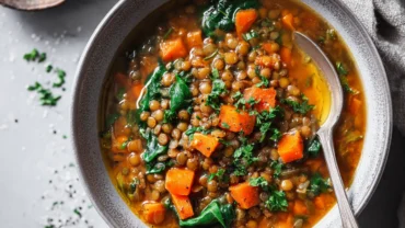 Close-up of a warm bowl of lentil and spinach soup topped with olive oil drizzle, lemon slice, and fresh parsley, placed on a rustic wooden surface with a linen napkin and spoon nearby.