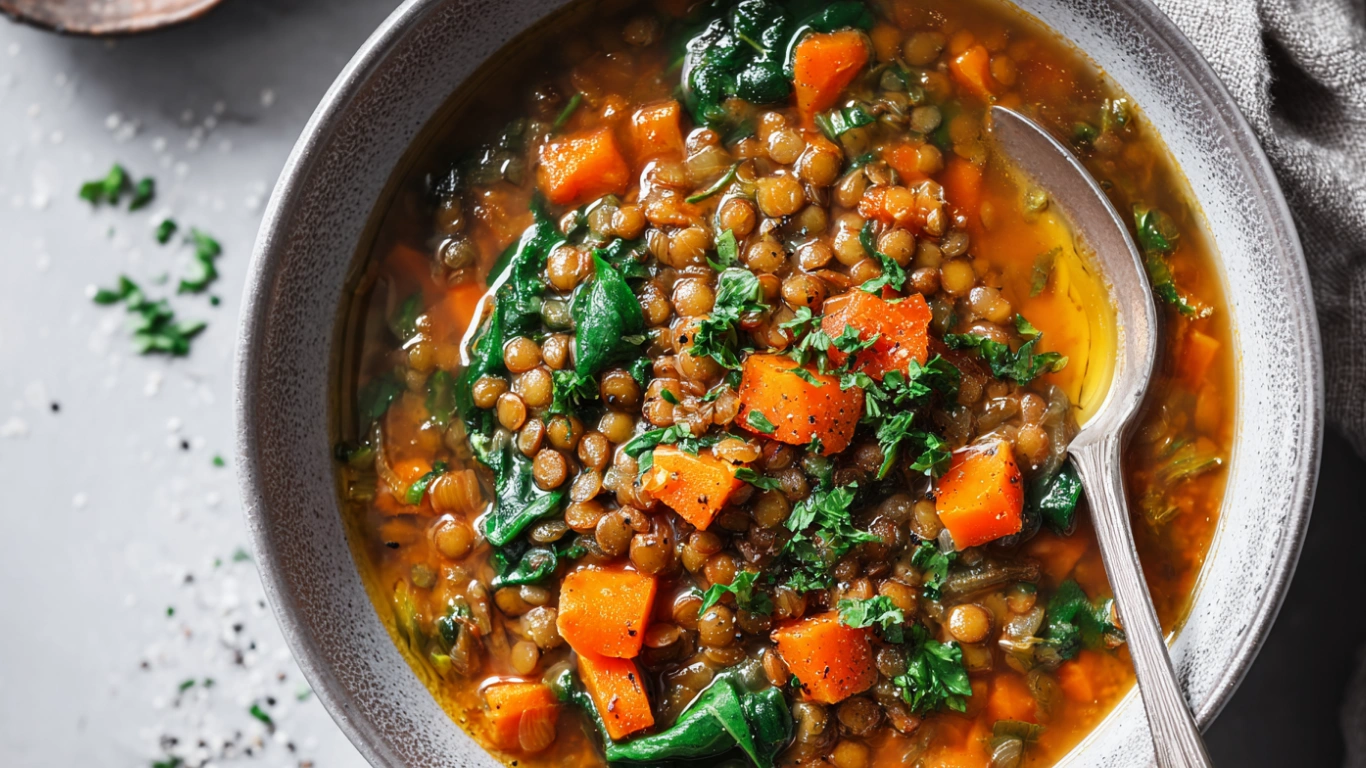 High-Protein Lentil and Spinach Soup: The Cozy Bowl That Energizes Your Day 3 Close-up of a warm bowl of lentil and spinach soup topped with olive oil drizzle, lemon slice, and fresh parsley, placed on a rustic wooden surface with a linen napkin and spoon nearby.