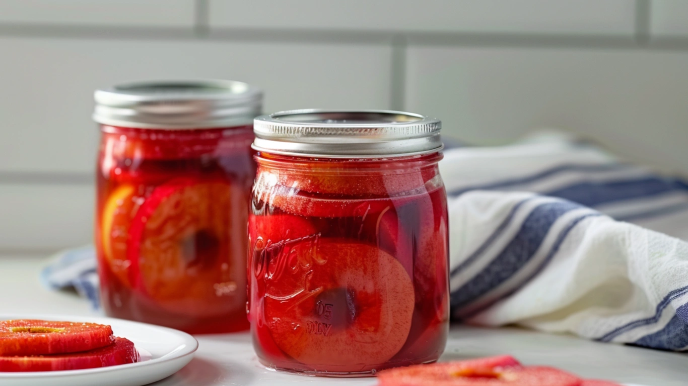 Sweet & Homemade Spiced Apple Rings-Simple, Healthy, Nostalgic 1 Two glass jars filled with glossy red spiced apple rings in syrup, styled on a white wooden table with a folded white-and-blue kitchen towel and sliced apples in front — cozy homemade fall treat with cinnamon and clove.