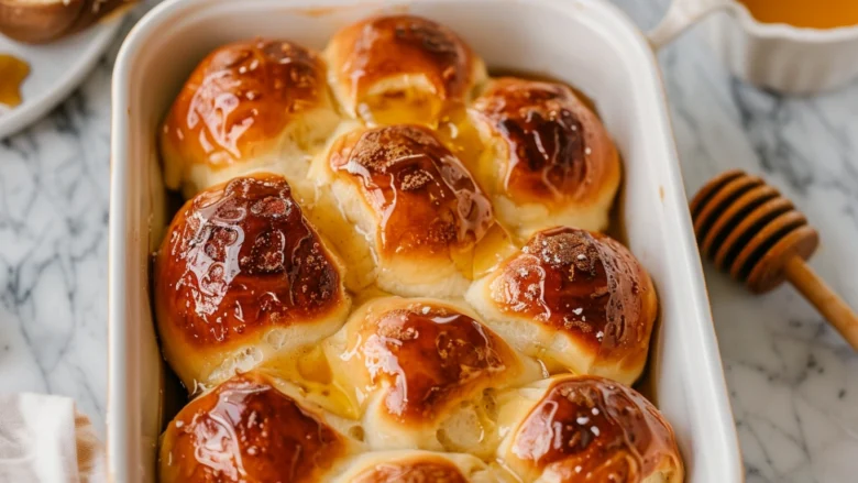 op-down view of Honey Butter Pull-Apart Rolls glazed with honey and cinnamon.