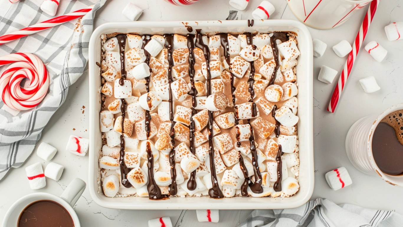 Hot Cocoa Cheesecake Bars -Easy Holiday Dessert 1 Close-up of Hot Cocoa Cheesecake Bars with marshmallows and chocolate drizzle.