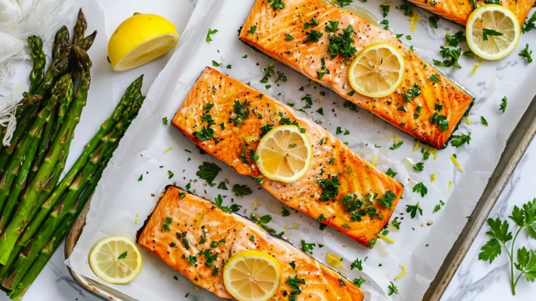 Lemon herb butter salmon and asparagus baked on a sheet pan with lemon slices and fresh parsley in a modern kitchen.