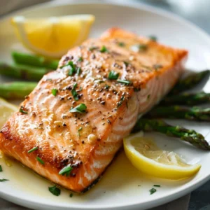 Angled shot of lemon butter salmon and asparagus on a dinner plate with herbs and lemon wedges.