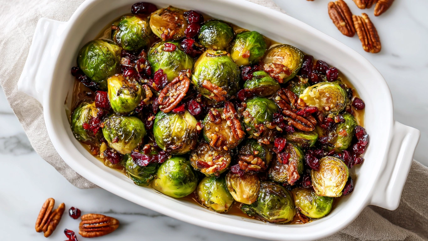 Maple Roasted Brussels Sprouts — Sweet & Savory Fall Side 1 Top-down view of maple roasted Brussels sprouts with cranberries and pecans.