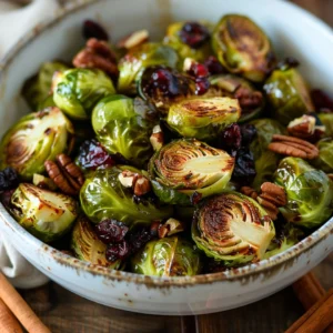 Close-up of maple roasted Brussels sprouts with cranberries and pecans served in a white bowl.