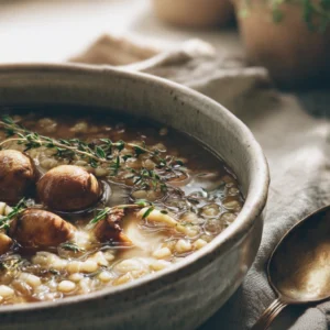 Close-up of a rustic bowl of mushroom barley soup filled with tender mushrooms, pearl barley, and fresh herbs, served on a wooden table with a spoon and linen napkin beside it.