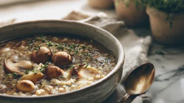 Close-up of a rustic bowl of mushroom barley soup filled with tender mushrooms, pearl barley, and fresh herbs, served on a wooden table with a spoon and linen napkin beside it.
