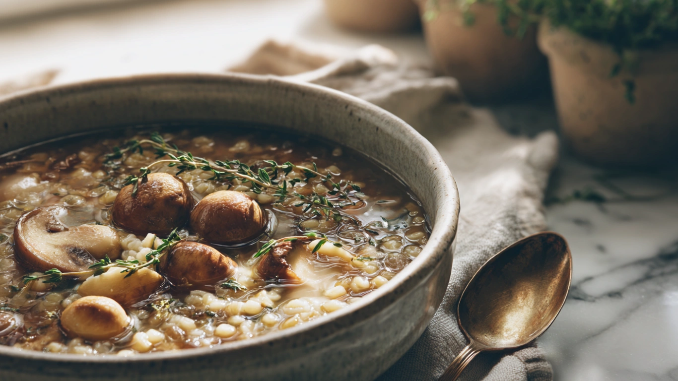 Hearty Mushroom Barley Protein Soup: A Wholesome One-Pot Comfort Bowl 3 Close-up of a rustic bowl of mushroom barley soup filled with tender mushrooms, pearl barley, and fresh herbs, served on a wooden table with a spoon and linen napkin beside it.