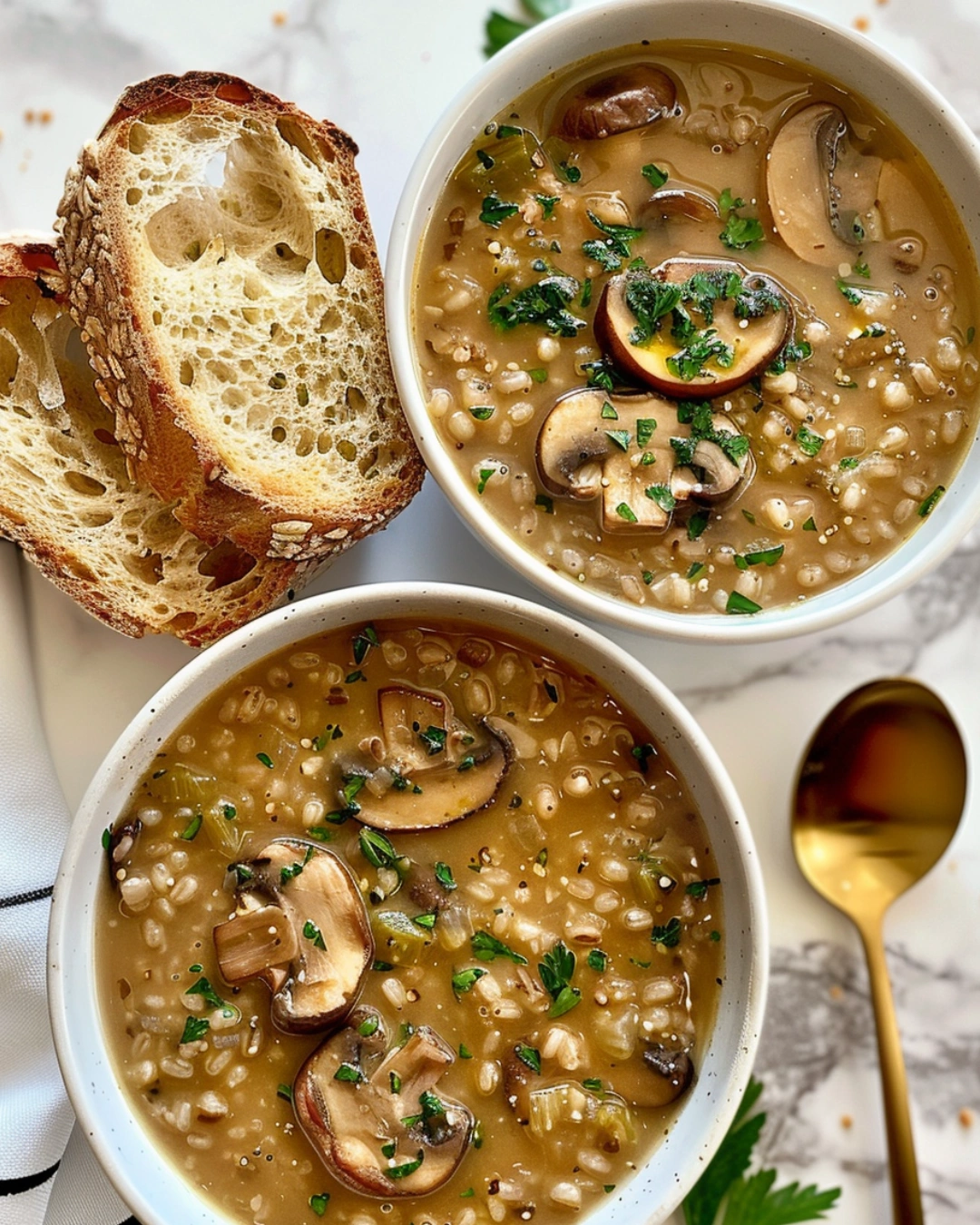 Overhead view of two steaming bowls of mushroom barley soup on a bright kitchen counter, topped with parsley and cracked pepper, with slices of crusty bread on the side.