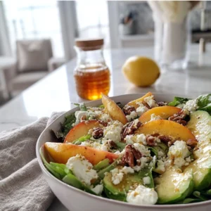 Close-up of a peach avocado salad in a white ceramic bowl with mixed greens, sliced peaches, avocado, feta cheese, and toasted pecans, drizzled with honey-lemon dressing under soft natural daylight on a marble countertop.