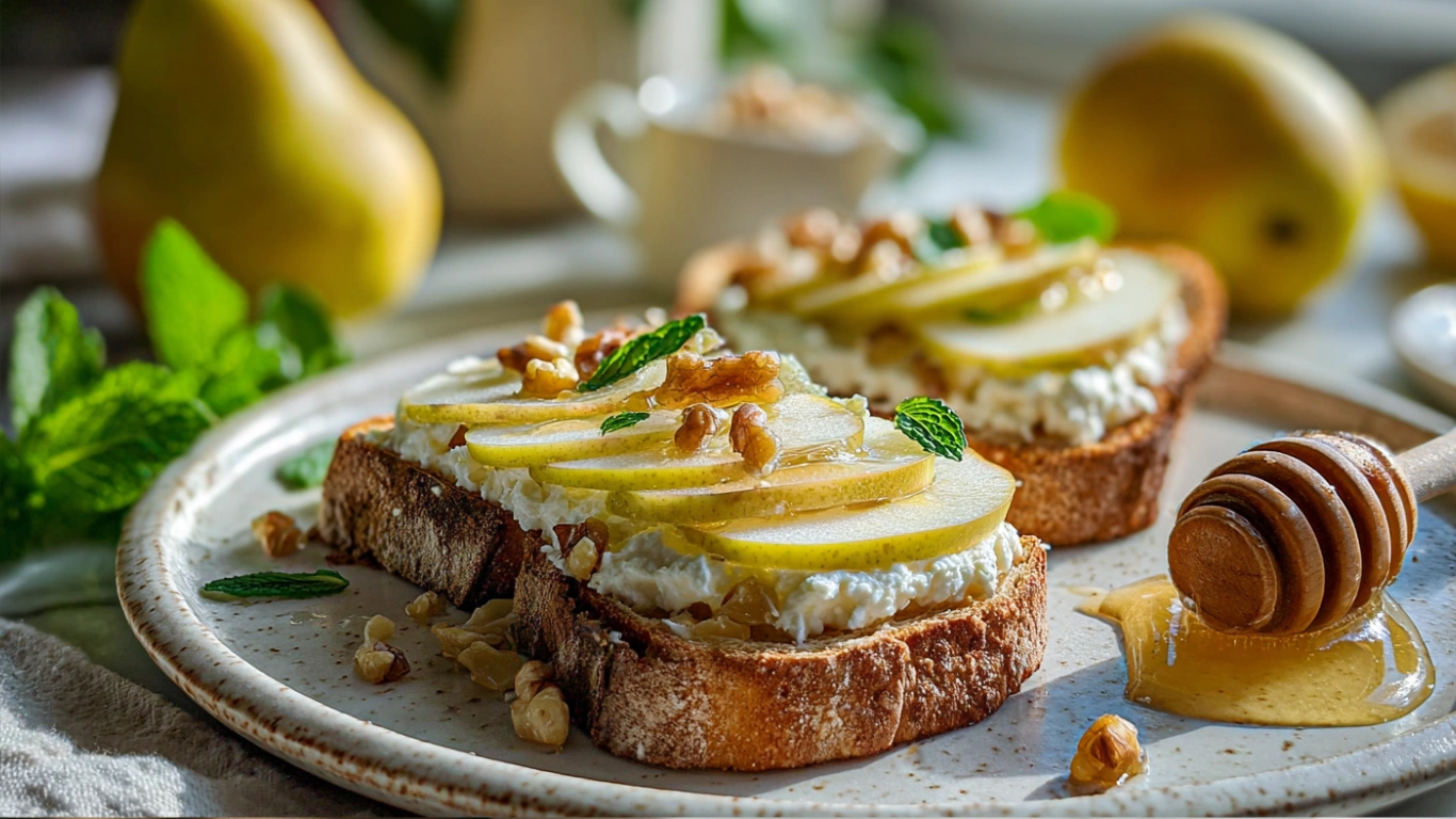 Pear & Honey Ricotta Toast -A Cozy Breakfast Favorite 1 Close-up of pear and honey ricotta toast on a rustic white plate, topped with thin pear slices, golden honey drizzle, and crushed walnuts, set on a bright marble countertop with a jar of honey and fresh pears in the background.