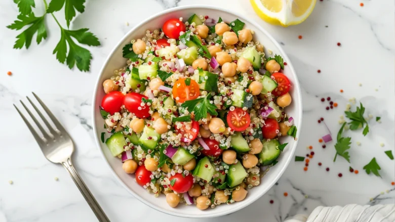 Quinoa Chickpea Salad with fresh vegetables and lemon dressing