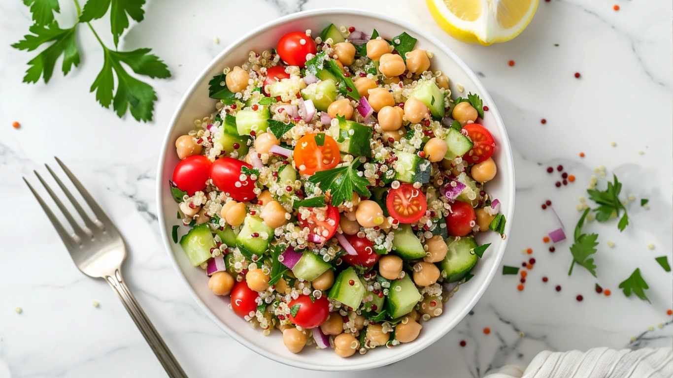 Easy Quinoa Chickpea Salad (Fresh & Healthy) 1 Quinoa Chickpea Salad with fresh vegetables and lemon dressing