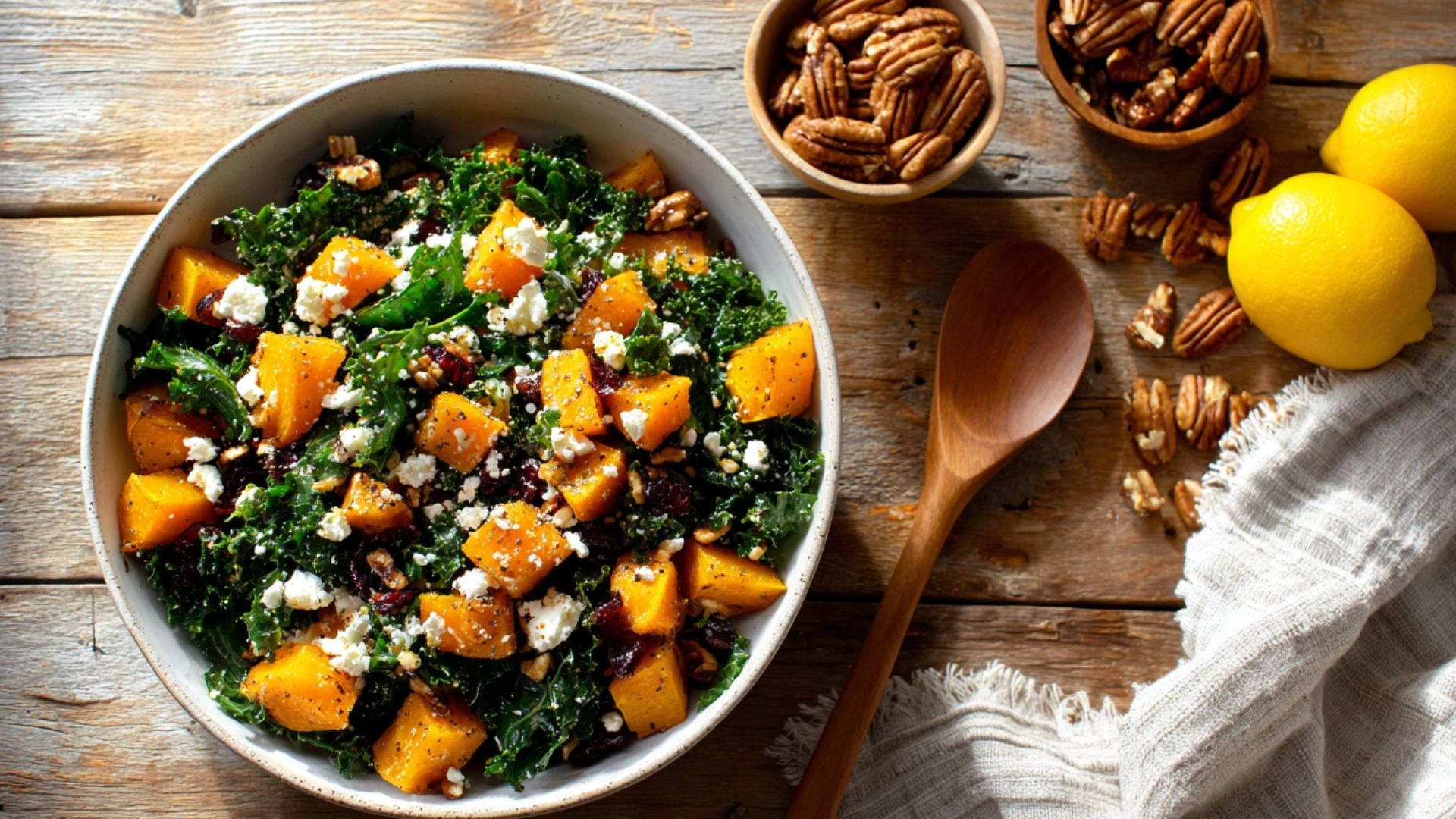 Roasted Butternut Squash & Kale Salad - Fall’s Favorite Bite 1 Close-up of roasted butternut squash and kale salad in a white ceramic bowl, topped with goat cheese, toasted pecans, and dried cranberries, drizzled with maple-lemon dressing under warm natural light on a rustic wooden table.