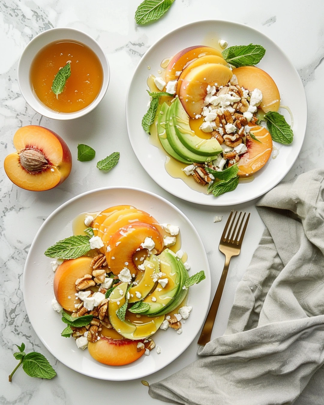Overhead view of a serving plate with peach avocado salad topped with feta, pecans, and mint leaves, surrounded by sliced peaches, lemon wedges, and a linen napkin on a white marble surface in soft sunlight.
