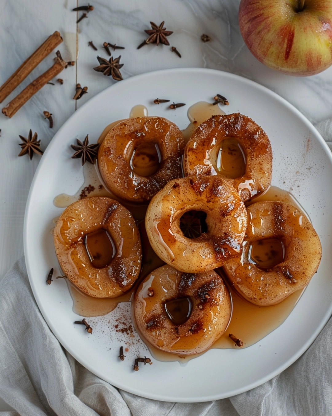 White plate filled with glossy red spiced apple rings drizzled with syrup, garnished with cinnamon sticks and cloves, placed on a bright kitchen table with warm sunlight, cozy, homemade fall dessert presentation.
