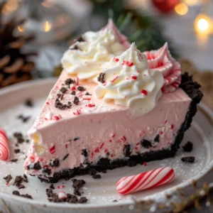 Slice of Christmas Peppermint Pie with whipped cream and crushed candy canes on a white plate.