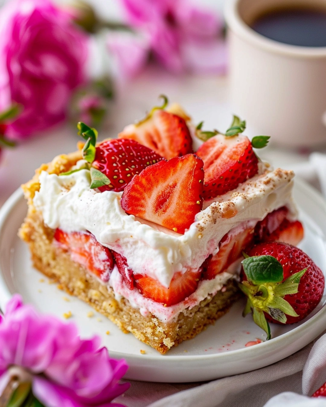 Strawberry Shortcake Cookie Bars 3 Close-up of a Strawberry Shortcake Cookie Bar topped with cream and strawberries on a white dessert plate.