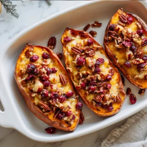 Twice-baked sweet potatoes with cranberry and apple filling, topped with pecans.