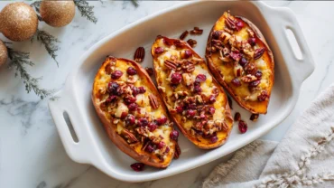 Twice-baked sweet potatoes with cranberry and apple filling, topped with pecans.