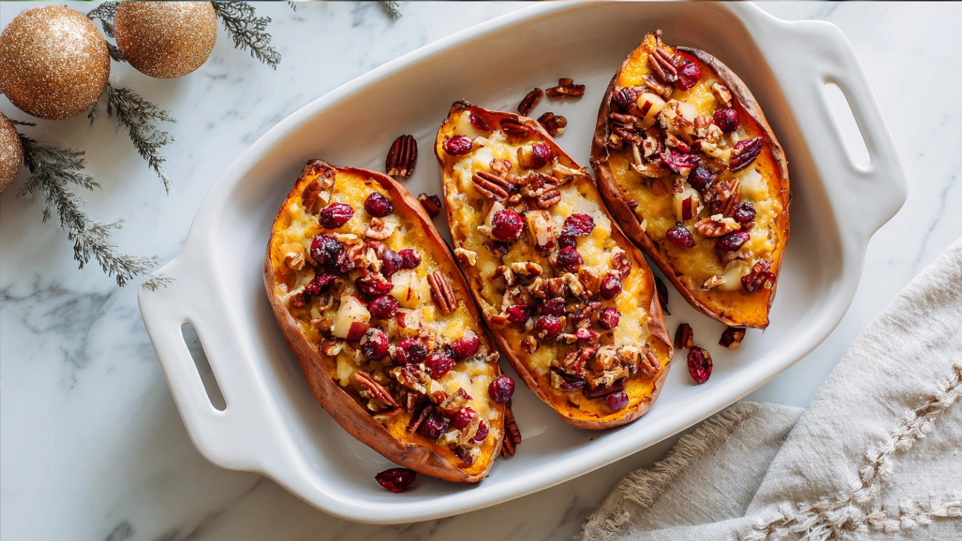 Cozy Cranberry Apple Twice-Baked Sweet Potatoes For Thanksgiving 3 Twice-baked sweet potatoes with cranberry and apple filling, topped with pecans.