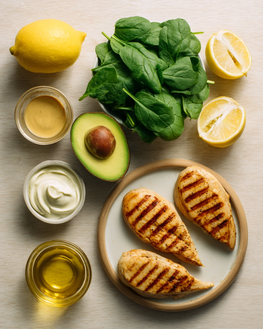 ngredients laid out for avocado spinach salad including grilled chicken, avocado, spinach, and lemon