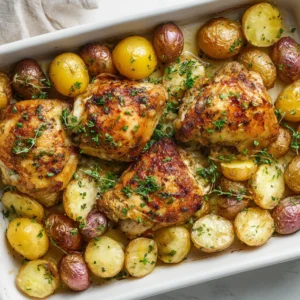 Garlic parmesan chicken and potatoes in a modern kitchen