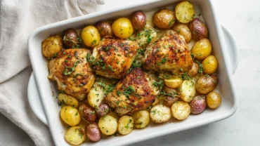 Garlic parmesan chicken and potatoes in a modern kitchen