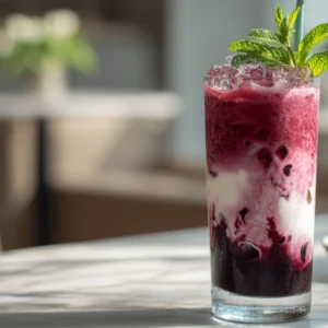 Blackberry tea iced tea latte in tall glass