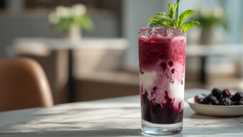 Blackberry tea iced tea latte in tall glass